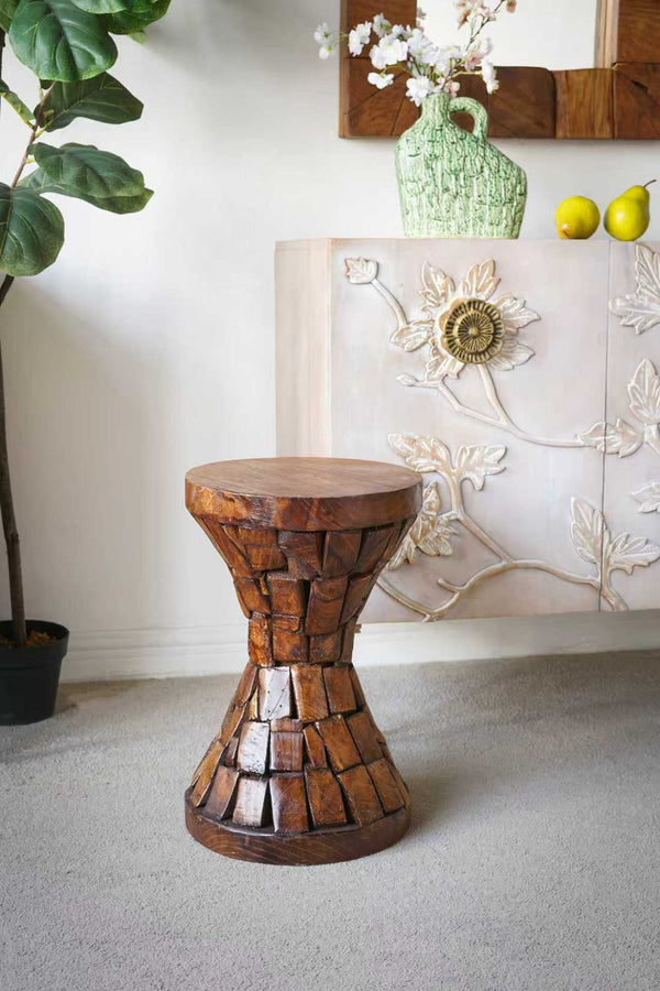 English Elm 11.8x11.8x18.1" Paulownia Wood Sculptural Side Table with Mosaic Hourglass Base W2078P461604