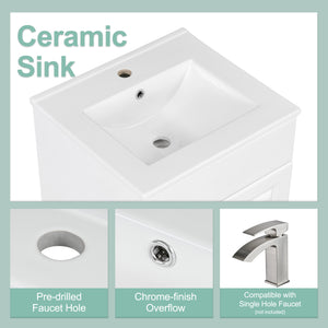English Elm Christopher Knight Home® - 20" Bathroom Vanity with Ceramic Sink and Soft-Close Door, Gold Knob, Adjustable Shelf Storage White N759P237946K