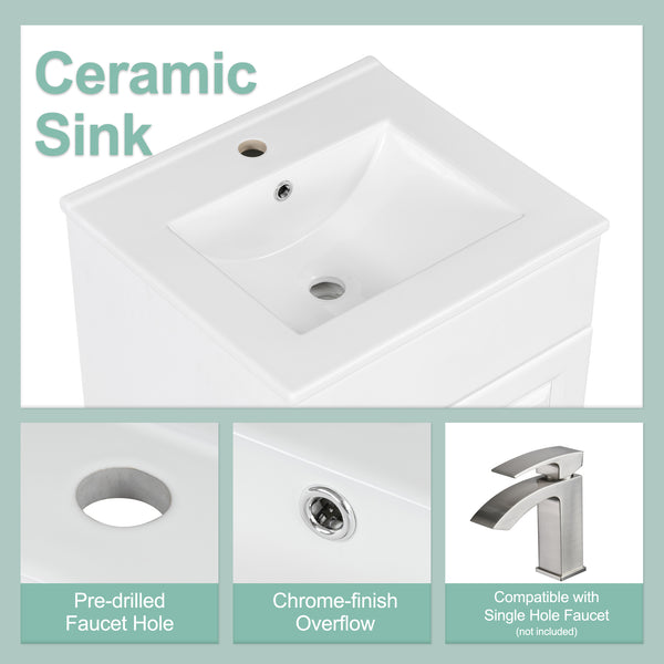 English Elm Christopher Knight Home® - 20" Bathroom Vanity with Ceramic Sink and Soft-Close Door, Gold Knob, Adjustable Shelf Storage White N759P237946K