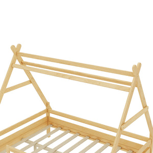 English Elm Twin House Shaped Platform Bed Solid Pine Frame with Built in Stairs for Kids Natural W1580P354721