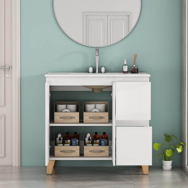 English Elm 36-inch Glossy White Bathroom Vanity with Ceramic Sink Soft Close Drawers Minimalist W3151S00074