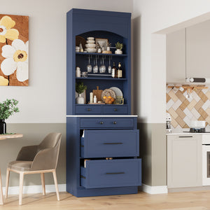 English Elm Modern Tall Kitchen Pantry Set of Two with Faux Marble Top and Glass Holders Blue SP000175AAC