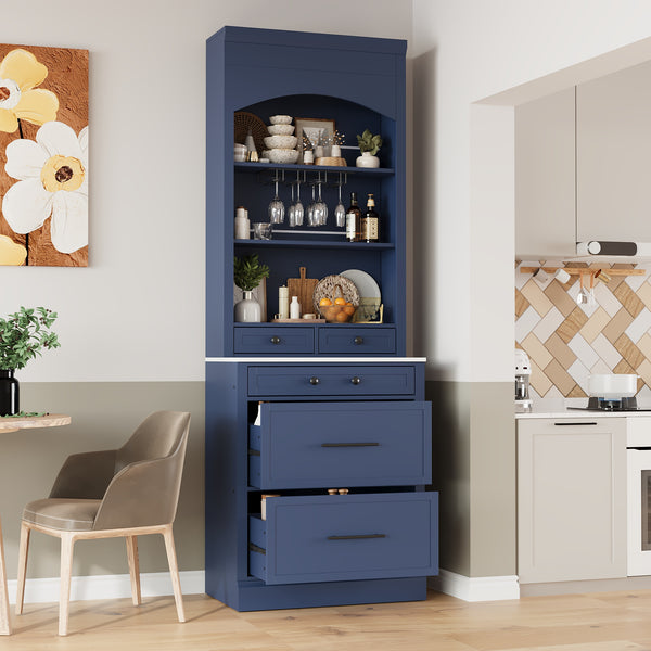 English Elm Modern Tall Kitchen Pantry Set of Two with Faux Marble Top and Glass Holders Blue SP000175AAC