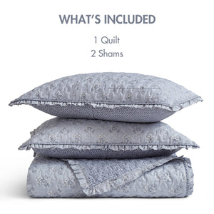 English Elm 3-piece King Quilt Set Ruffle Trim Vermicelli Stitching Soft Polyester Bohemian Bedding Blue B035P408233