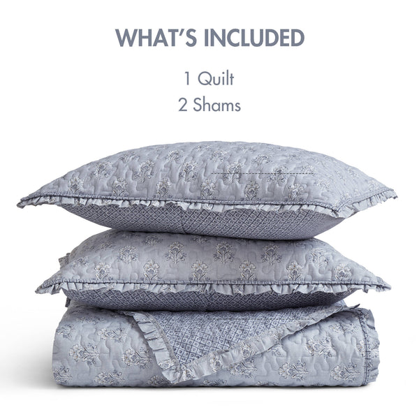 English Elm 3-piece King Quilt Set Ruffle Trim Vermicelli Stitching Soft Polyester Bohemian Bedding Blue B035P408233