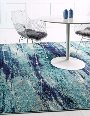 Unique Loom Jardin Lilly Machine Made Abstract Rug Blue, Blue/Gray/Navy Blue/Turquoise/Ivory 8' 0" x 8' 0"