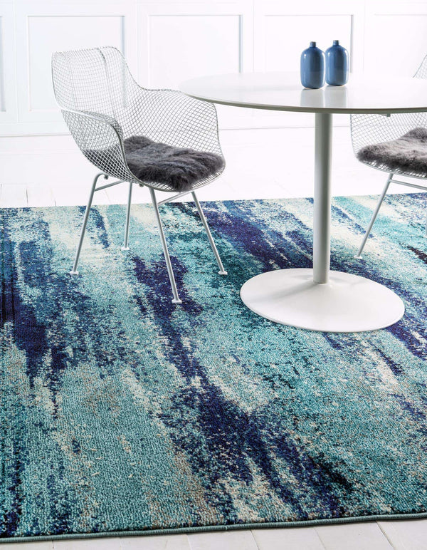 Unique Loom Jardin Lilly Machine Made Abstract Rug Blue, Blue/Gray/Navy Blue/Turquoise/Ivory 8' 0" x 8' 0"