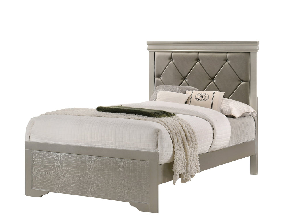 English Elm Modern King Panel Bed with Champagne Frame and Tufted Upholstered Headboard, Durable Wood Finish Beige 46.86 L x 32.68 W x 4.53 H B011S01011