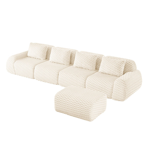 English Elm 146" Modular L-shaped Sectional Flannelette Sofa with Ottoman Tool-free Living Room Setup Cream W714S01522
