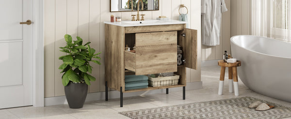 English Elm 30" Modern Wood Bathroom Vanity with Ceramic Sink, Soft-Close Door, Drawer Dividers & Open Shelf N710P247136P