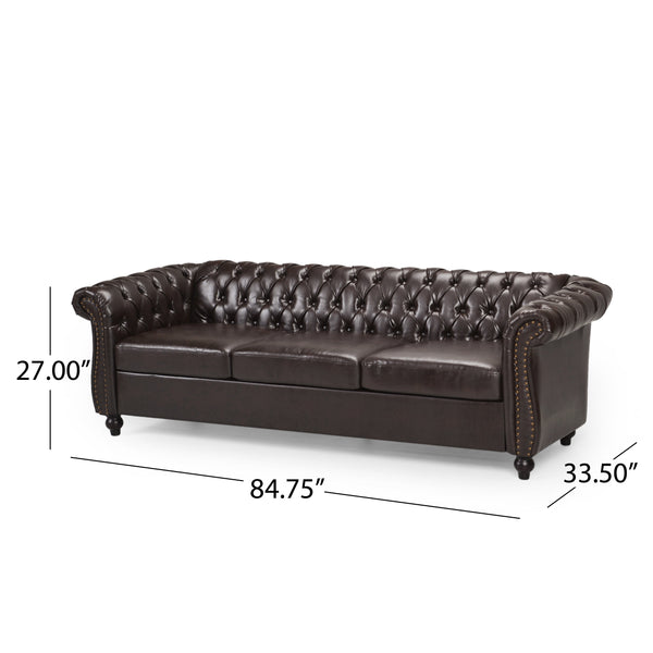 English Elm Christopher Knight Home® - 3 Seater Chesterfield Sofa with Button Tufted Diamond Stitch, Nailhead Accents & Scrolled Arms - Low Profile Brown N771P262584W