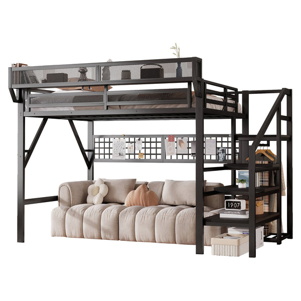 English Elm Queen Metal Loft Bed with Staircase Wardrobe Rgb Lighting Industrial Frame W2580S00067