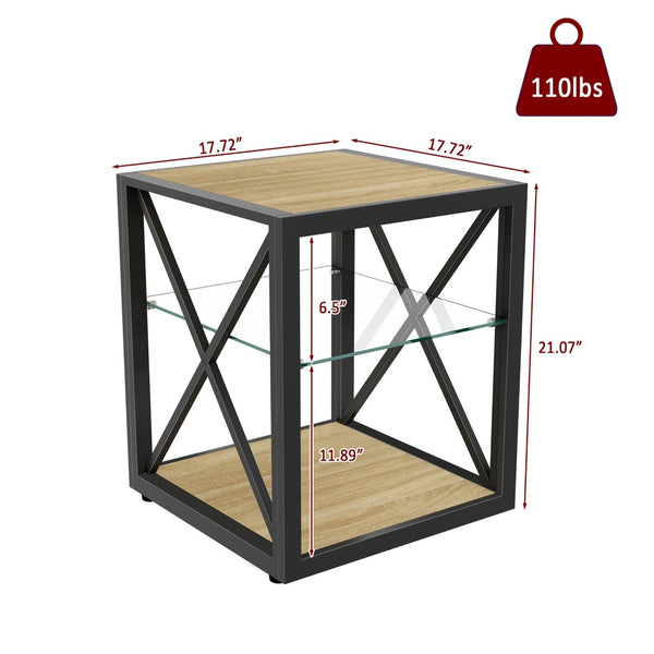 English Elm Set Of 2 Industrial Modern End Tables With Tempered Glass & Wood Top – Stylish Nightstands For Any Space W241P246917-GIGA