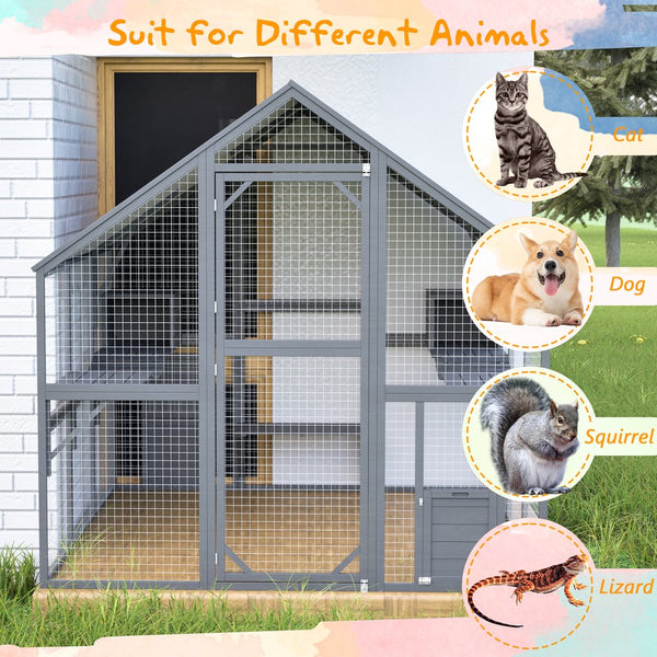 English Elm Extra Large Walk-in Outdoor Cat Enclosure with Oxford Roof Ramps and Dual Resting Huts W1422S00047