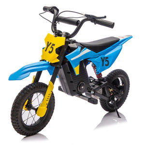 English Elm 24v 250w Kids Off-road Electric Motorcycle with Led Lights Bluetooth and Rear Suspension Blue W1578P203980