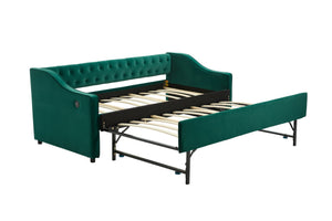 English Elm Twin Velvet Daybed with Pull Out Trundle Tufted Back Usb Port and Side Pockets Emerald W1361S00038