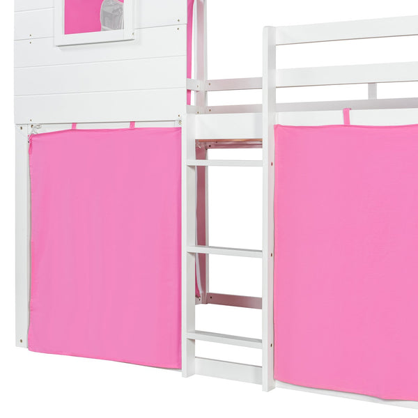 English Elm Full Size Kids Playhouse Bunk Bed Pinewood Frame with Tent Roof and Window Cutouts Pink LT000380AAH-1