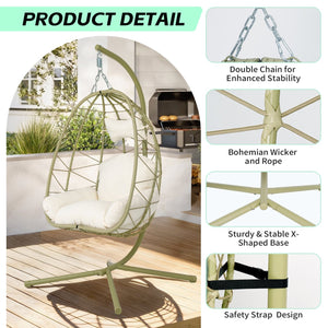 English Elm Hanging Egg Chair Wicker Swing with Stand Washable Cushion Patio Balcony Garden T5880P497573