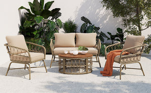 English Elm GO Bohemia woven 4-person patio conversation set with removable water-resistant cushions, oval acacia tabletop and adjustable feet for comfy, stylish outdoor lounging FG201236AAA