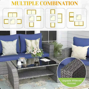 English Elm 4-piece Outdoor Wicker Conversation Set with Tempered Glass Table and Resort Style Blue+Brown B082S00057