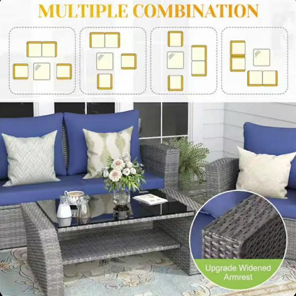English Elm 4-piece Outdoor Wicker Conversation Set with Tempered Glass Table and Resort Style Blue+Brown B082S00057