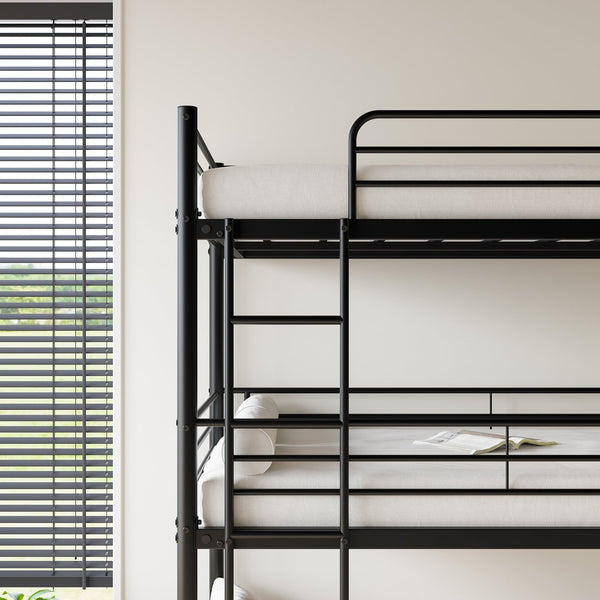 English Elm Triple Twin Metal Bunk Bed with Dual Ladders and Guardrails for Shared Rooms W840S00004