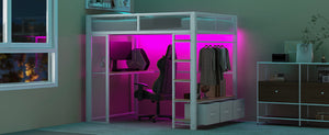 English Elm Full Metal Gaming Loft Bed with LED Lighting, Built-In Desk, Open Wardrobe and 3 Drawers for Space-Saving Comfort White GX001133AAK