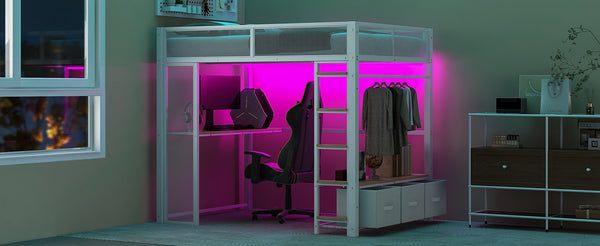 English Elm Full Metal Gaming Loft Bed with LED Lighting, Built-In Desk, Open Wardrobe and 3 Drawers for Space-Saving Comfort White GX001133AAK