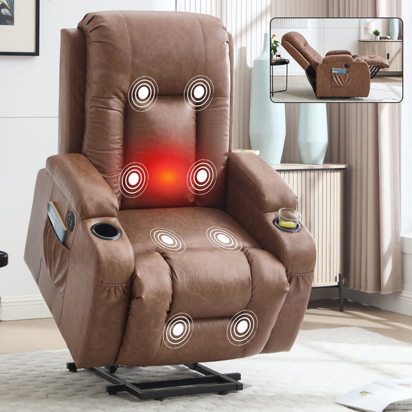 English Elm Beige Pu Leather Power Lift Recliner with Massage Lumbar Heat and Usb Charging Brown W1803S00083