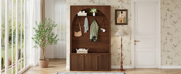 English Elm On-trend Farmhouse Hall Tree Arched Cabinet Storage Bench with Golden Hooks Mudroom Walnut N721S000080P