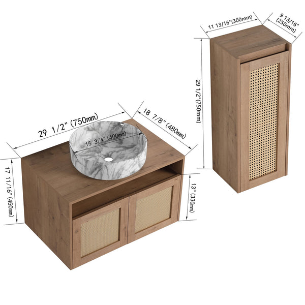 English Elm 30" Floating Bathroom Vanity Set with Ceramic Vessel Sink and Rattan Side Cabinet W999S00497