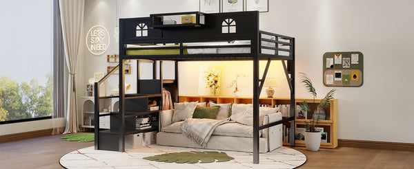 English Elm Metal Queen Loft Bed with L Shaped Desk Wardrobe Led Lighting and Usb for Teens Black W2593S00061