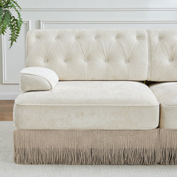 English Elm 3-seater Velvet Sofa with Button Tufting Tassel Fringe Skirt Modular Living Room Design Beige W714S01684