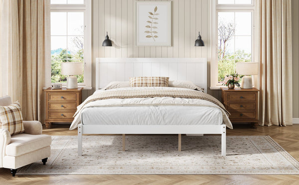 English Elm Platform King Bed Solid Pine Panel Headboard Wood Slat Base Modern Bedroom Frame White N709P425341K