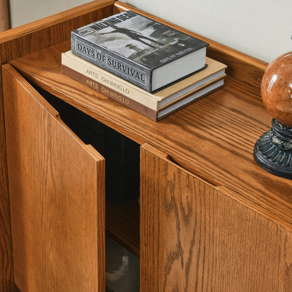 English Elm Walnut-colored Rustic Sideboard Buffet Cabinet with Solid Wood Veneer, Hidden Handles, Adjustable Shelves (33.9"x15"x31.5") W1801P195597