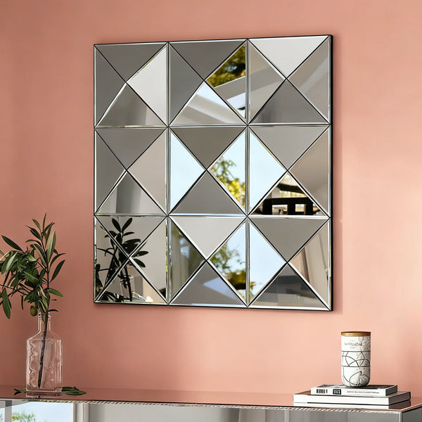 English Elm 3d Beveled Glass Geometric Square Wall Mirror Sculptural Triangular Art for Living Room W3836P410041