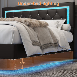 English Elm Full Size Floating Platform Bed Tufted Upholstered Headboard with Rgb Led Underlighting Black W3107P419249
