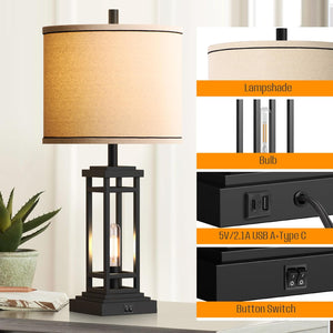 English Elm 27.5 Inch Farmhouse Bronze Table Lamp Set with Usb Charging Ports for Bedroom Decor W3355P440796