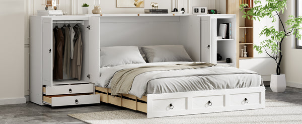 English Elm Queen Murphy Bed with Wardrobe Cabinets Built-in Usb Charging and Concealed Drawers White LP000590AAK
