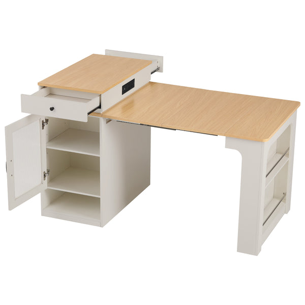 English Elm K&K Modern Extendable 59.5" Kitchen Island with Double-Sided Storage, Power Outlet & Casters White N707S000017W