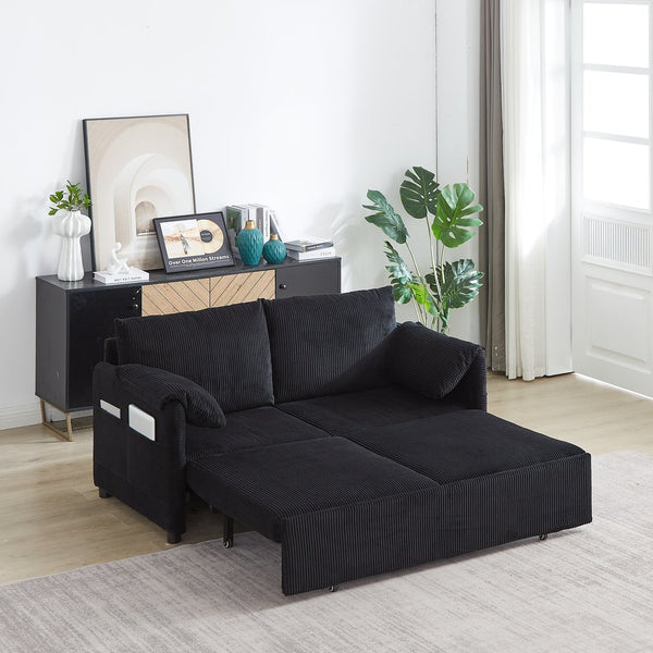 English Elm MH'' MH' 64.5 Inch Sleeper Sofa Bed with Corduroy Upholstery, Sturdy Wood & Iron Frame, 3-in-1 Convertible Comfort Black W1193S00125