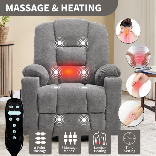 English Elm Emon's Overstuffed Chenille Power Lift Recliner with Massage Heat and Charging Ports Light Gray W1803S00091