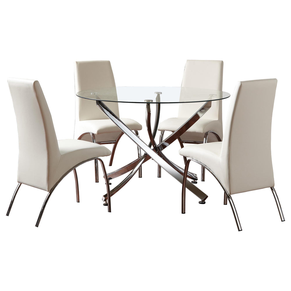 English Elm Compson Sculptural Chrome Base Dining Set with White Curved Chairs and 46" Glass Table — Modern Elegance B062S00806