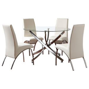 English Elm Compson Sculptural Chrome Base Dining Set with White Curved Chairs and 46" Glass Table — Modern Elegance B062S00806