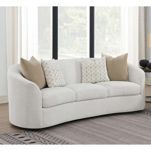 English Elm Rory Latte Bouclé Sloped Arms Sofa with Pillows — Curved Vintage Chic, Plush Comfort, 88.5"W Lounge B062P358205