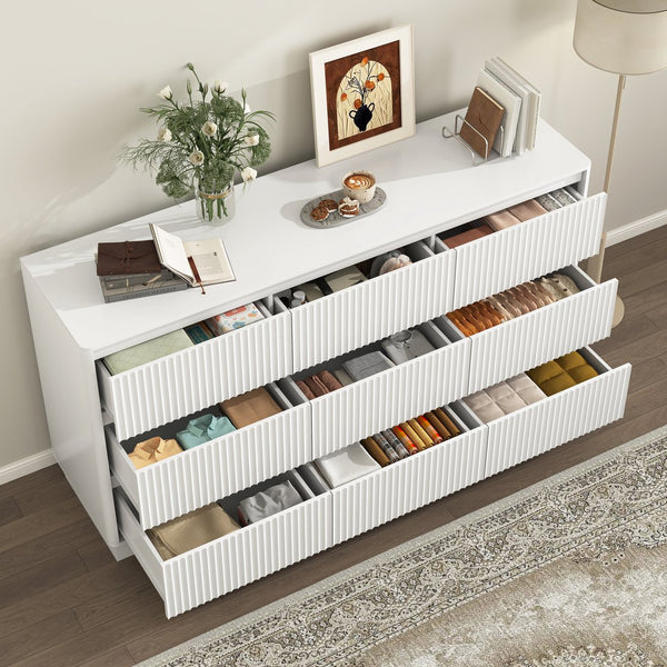 English Elm 9 Drawer Matte Wood Dresser with Wave Front Mid Century Modern Low Profile Storage White W409P387581