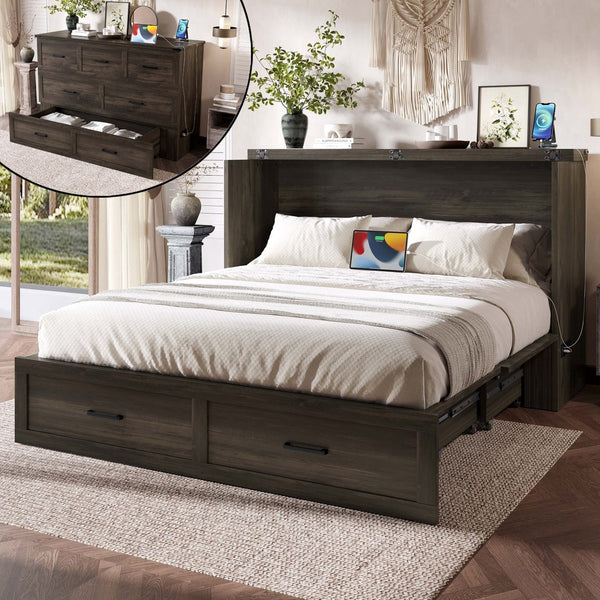 English Elm Murphy Full-Size Cabinet Bed with Built-In Charging Station, Storage Drawer & 700lb Capacity Comfort Gray 57.25 L x 27 W x 6 H N733S293997G