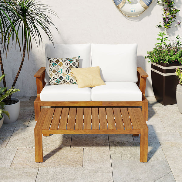 English Elm 2 Piece Acacia Wood Outdoor Sofa Set with Coffee Table and Weather Resistant Cushions Teak,White N719P246159L