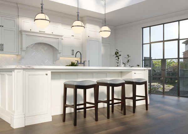 English Elm 31in. Hardwood Barstool Nailhead Faux Leather Seat Club Style Kitchen Island Seating Gray B2751P436411