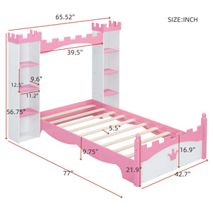 English Elm Castle-Shaped Twin Bed with Crown Footboard and Built-In Shelves, Sturdy MDF/Pine Frame for Kids White+Pink 82 L x 14.25 W x 6.75 H N733S177379K